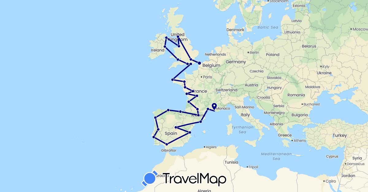 TravelMap itinerary: driving in Andorra, Spain, France, United Kingdom, Ireland, Portugal (Europe)